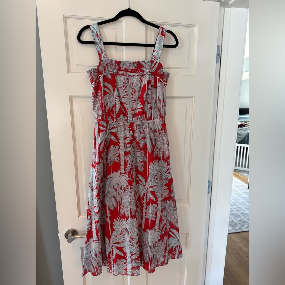 Talbots Red and Blue Palm Print Smocked Dress